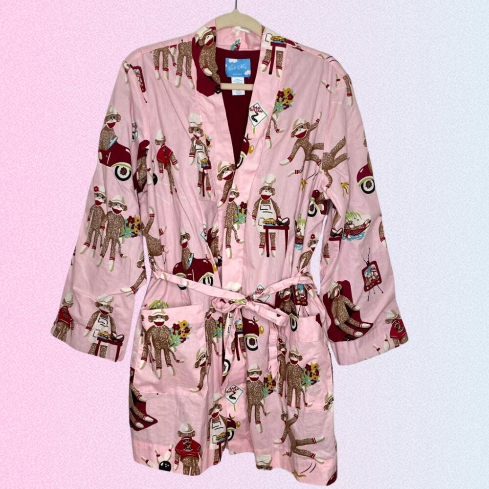 Nick & Nora Sock Monkey Robe- Cotton, With Belt, Fully Lined, L/XL